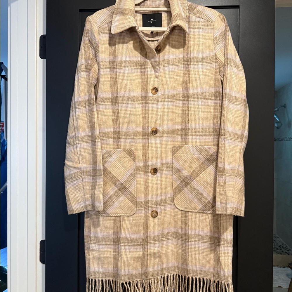 7 For All Mankind Beige Plaid Trench Coat with Fringe